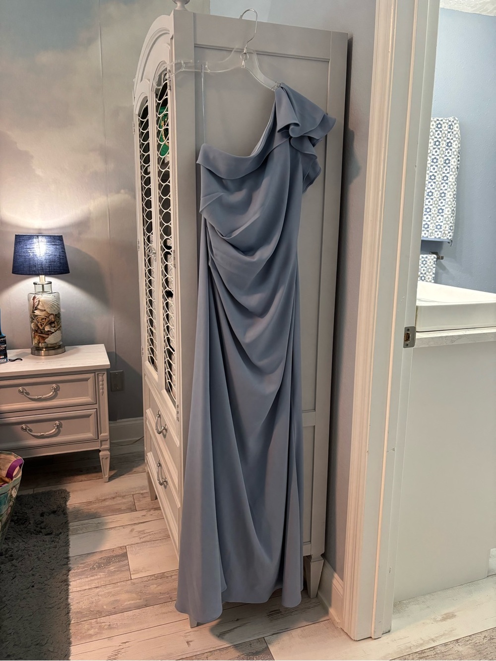 Carmen Marc Valvo One-Shoulder Draped Gown in Dusky Blue